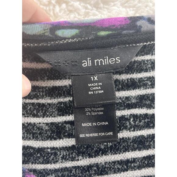 Ali Miles Women's 1X Textured Patchwork 3/4 Sleeve Top Asymmetric Hem Multicolor - Picture 3 of 9